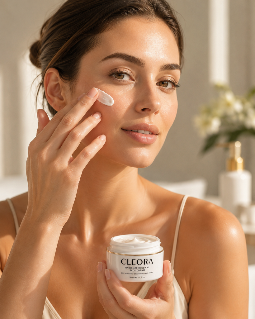 cleora face cream application model.webp